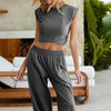 Ladies Two-piece Set Solid Color Casual Suit Short Sleeveless Top Sweatpants