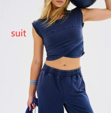 Ladies Two-piece Set Solid Color Casual Suit Short Sleeveless Top Sweatpants