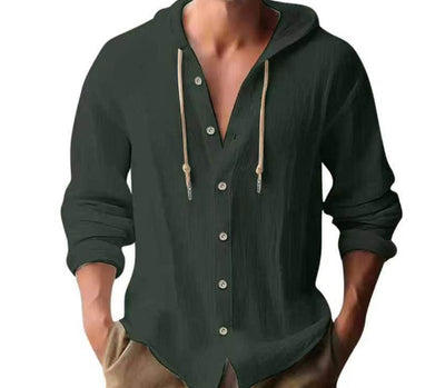 Cotton And Linen Shirt Hooded Sweater Button Long Sleeve