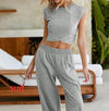 Ladies Two-piece Set Solid Color Casual Suit Short Sleeveless Top Sweatpants