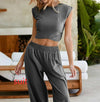 Ladies Two-piece Set Solid Color Casual Suit Short Sleeveless Top Sweatpants