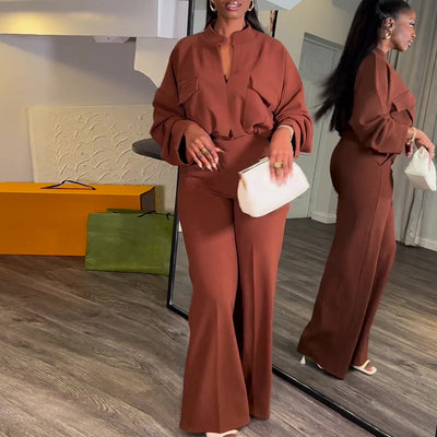 Casual V-neck Long Sleeve Top Wide-leg Trousers Suit