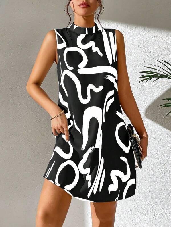 European And American Printed Stand Collar Dress