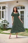 Square Collar Backless Puff Sleeve Pleated Short Sleeves Dress